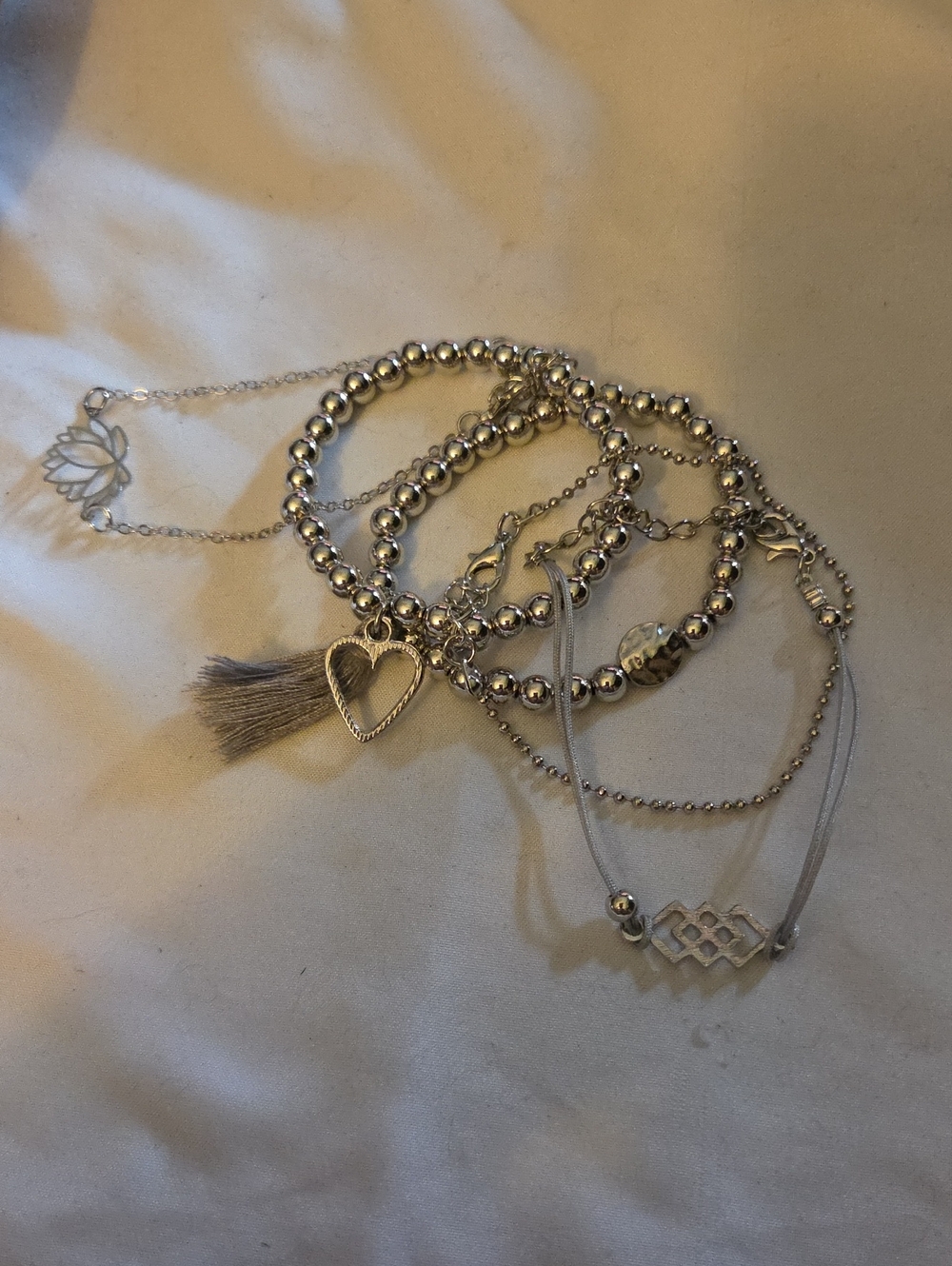 Silver Heart & Tassel Multi-Layer Bracelet Set